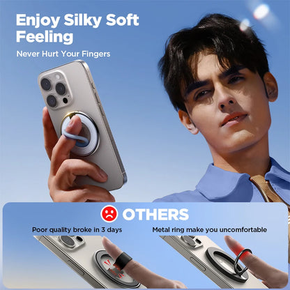 Person holding a phone with a ring holder against a blue sky, with text about product quality and comfort.
