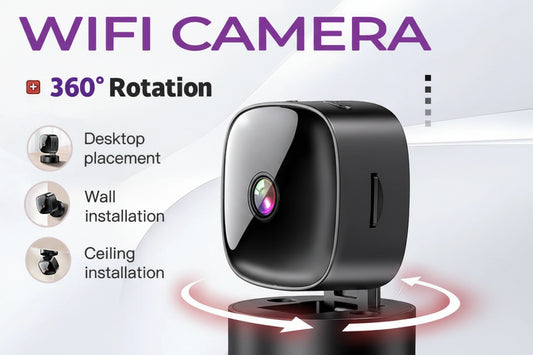 Black WiFi camera with 360-degree rotation feature on a white background