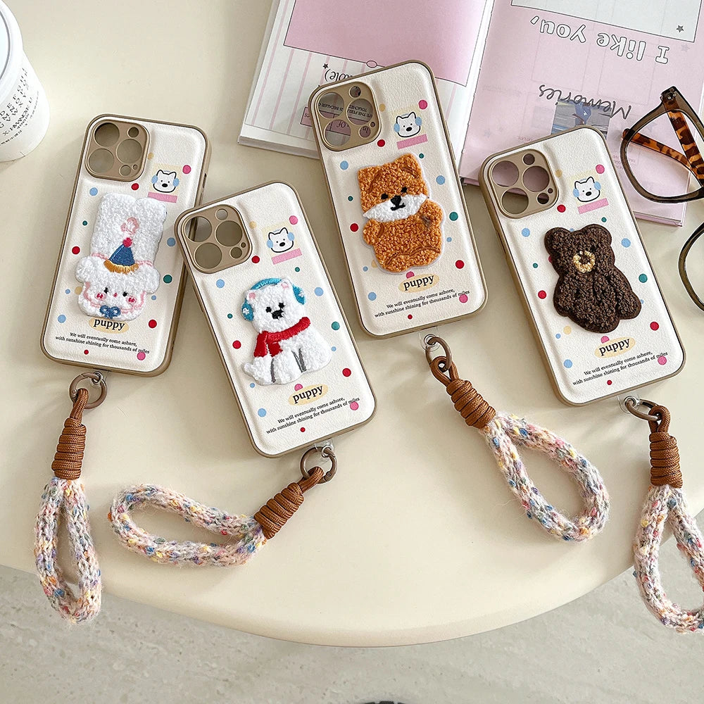 Cute Air Cushion Leather 3D Dimensional Plush Dog Case for iPhone 16 Pro 12 13 14 15 16 Pro Max Embroidery Lanyard Soft Cover