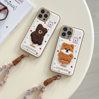 Cute Air Cushion Leather 3D Dimensional Plush Dog Case for iPhone 16 Pro 12 13 14 15 16 Pro Max Embroidery Lanyard Soft Cover