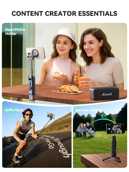 Collage of content creator essentials including a desk phone holder, selfie stick, and remote control.