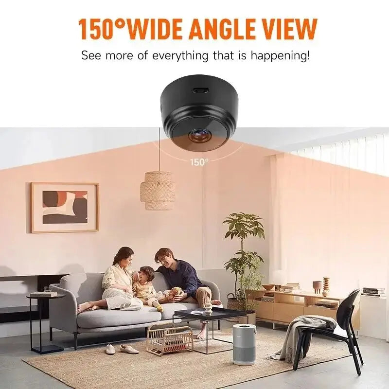 Ceiling-mounted security camera with wide-angle view in a living room setting.