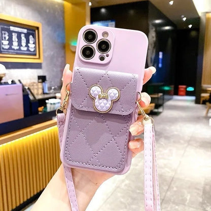 Cartoon Diamond Leather Wallet Case  Card Holder Crossbody Lanyard Cover