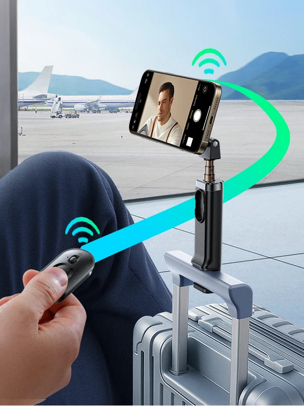 Person using a smartphone with a mounted camera at an airport, with text 'One is Enough' and product features.