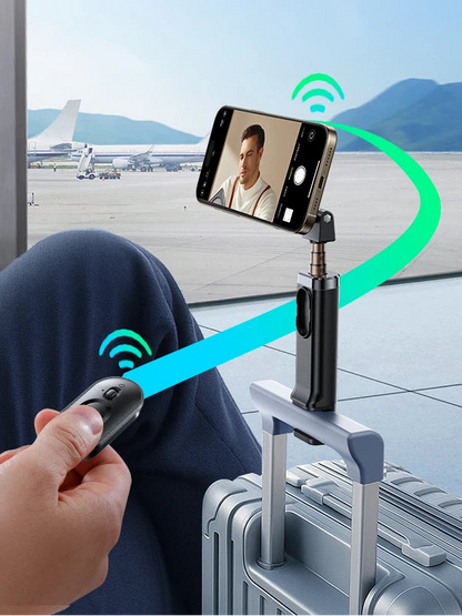 Person using a smartphone with a mounted camera at an airport, with text 'One is Enough' and product features.