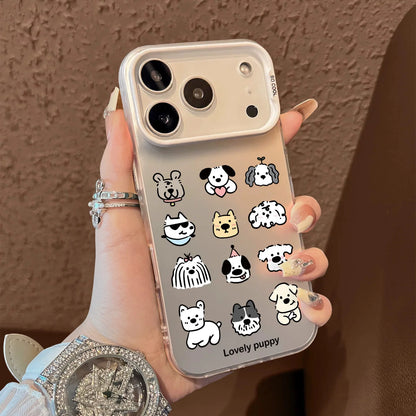 Phone case with cute dog illustrations held by a person against a brown background