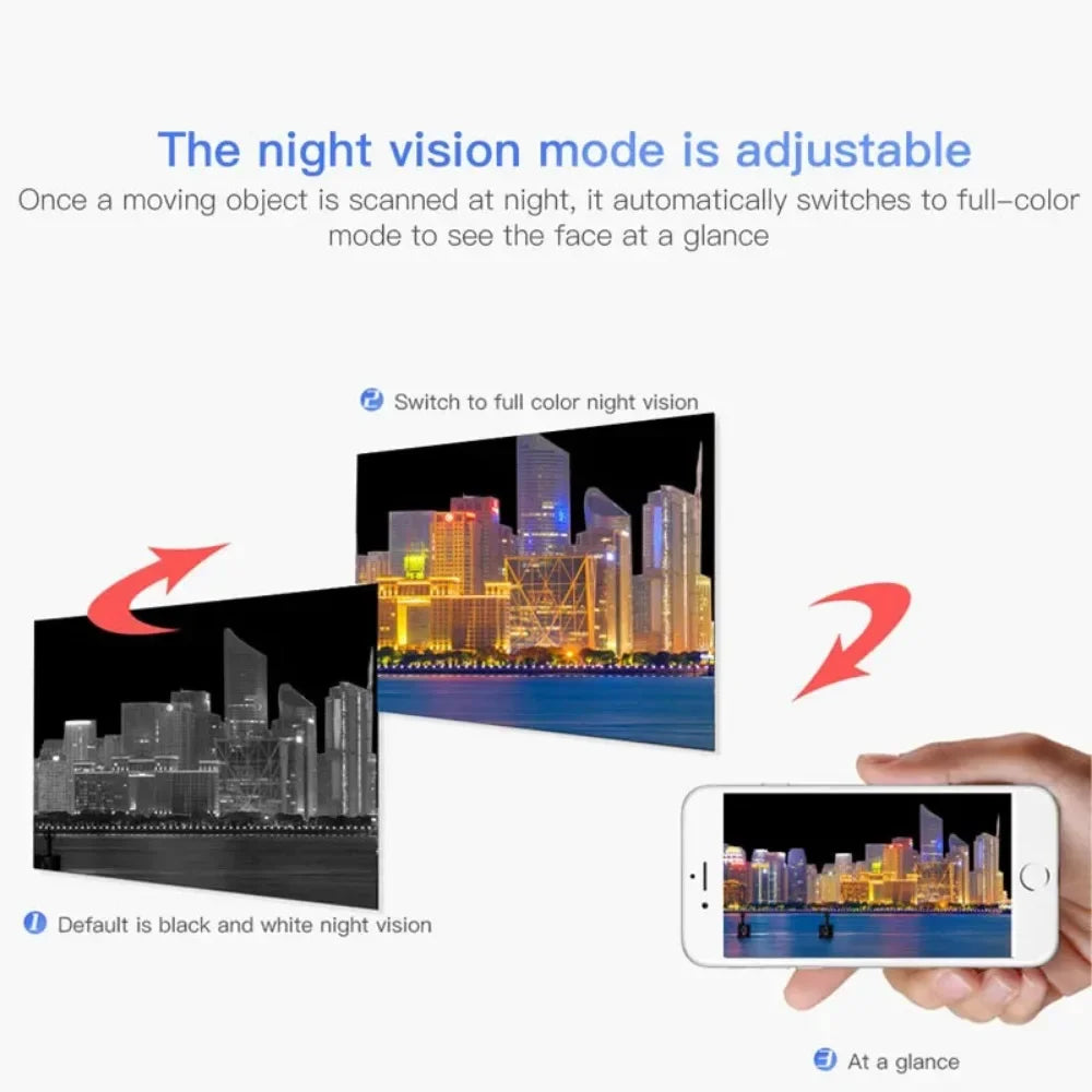 Advertisement for night vision mode adjustment on a smartphone, showing a cityscape transition from black and white to full color.