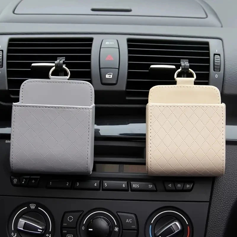 Leather Car Phone Holder Mount Air Vent Hanging Storage Bag